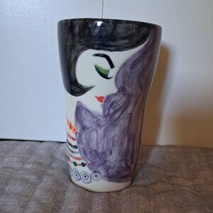 Hand painted contemporary woman face decorative ceramic tall cup